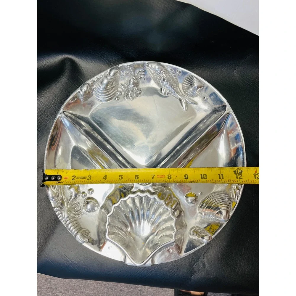Divided Serving Platter 12in Silver Aluminum Nautical Sea Life Shells Party Tray